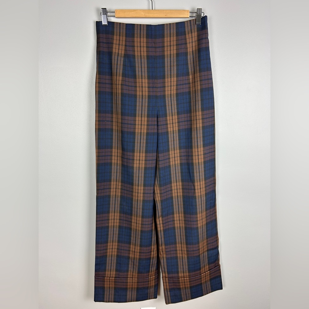 Plaid Wide-Leg Pants in Navy & Brown
